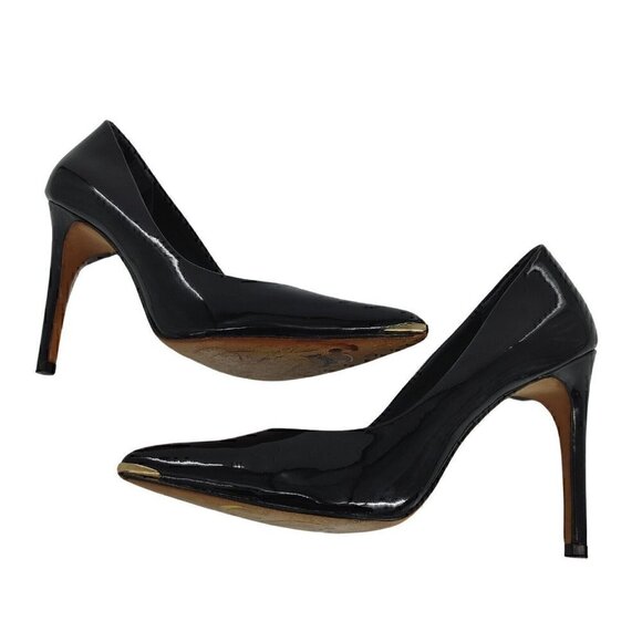 TED BAKER Black Patent Leather Stiletto High Heel Pumps Gold Logo Hardware - Picture 4 of 12